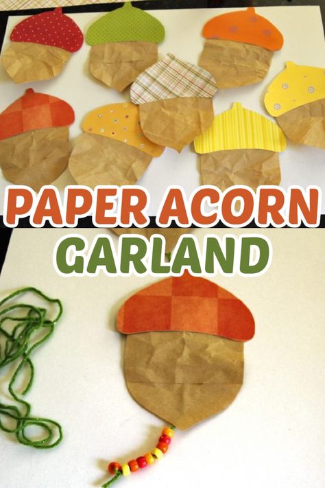 This DIY paper acorn garland is perfect for decorating your mantel, door, or any other space in your home this fall. Thanksgiving Garland Diy Kids, Paper Bag Garland, Thanksgiving Garland Diy, Paper Acorn, Birds Preschool, Diy Garland Paper, Acorn Garland, Thanksgiving Garland, Loom Knitting Tutorial