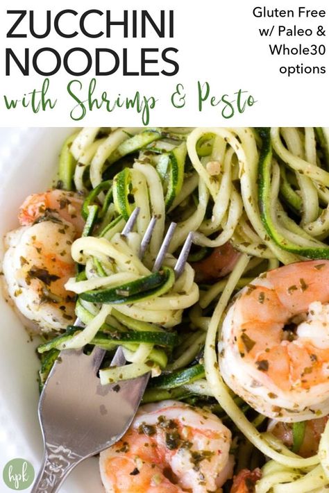 These Zucchini Noodles with Shrimp make for an easy and healthy weeknight dinner recipe. Keeping the zucchini noodles raw helps the pasta stay fresh and not soggy. It's a naturally gluten free dish, and if you make it with compliant pesto it's also paleo and Whole 30. #zucchininoodles #shrimp #glutenfree #paleo #whole30 Shrimp Zoodles, Best Pesto, Noodles With Shrimp, Pesto Zucchini, Pesto Zucchini Noodles, Zucchini Noodles With Pesto, Pesto Shrimp, Zucchini Noodle Recipes, Pan Kitchen