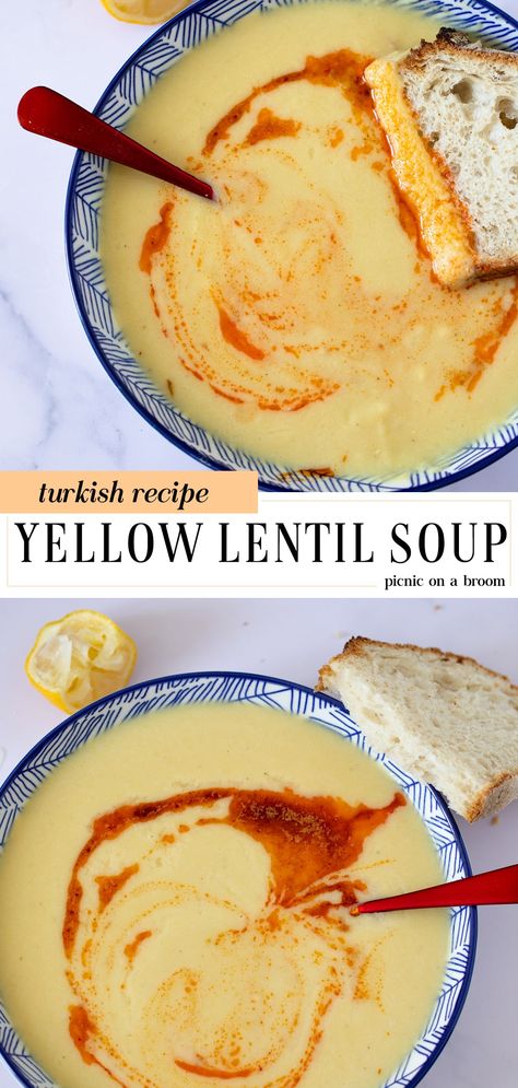 Turkish yellow lentil soup is the perfect fall soup to cozy up with if you need something quick and easy! This silky smooth soup is drizzled with a spicy buttery sauce and a good squeeze of lemon juice. #lentils #yellowlentilrecipes #falldinnerideas Turkish Lentil Soup, Yellow Lentil Recipes, Turkish Lentil Soup Recipe, Yellow Lentil Soup, Kapha Diet, Best Lentil Recipes, Turkish Recipe, Soup Quick, Lemon Soup