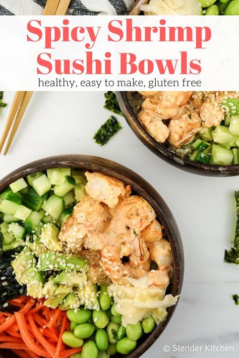 Sushi Bowl Healthy, Weight Watchers Shrimp Recipes, Spicy Shrimp Sushi, Carrots Dinner, Shrimp Sushi Rolls, Shrimp Sushi Bowl, Making Sushi At Home, Rice Seaweed, Sushi Bowl Recipe