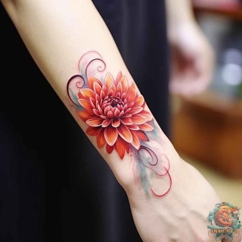 Blooming Beauty: The Fascinating Meaning Behind Chrysanthemum Tattoos: 57 Designs - inktat2.com Chrysanthemum Tattoo With Name In Stem, Chrisantemum Flower Tattoo Color, Shaded Chrysanthemum Tattoo, Chrysanthemum Tattoos, Delicate Chrysanthemum Tattoo, Crysanthemum Tattoo Simple, Floral Tattoos On Dark Skin, Red Chrysanthemum Tattoo, The Chrysanthemum Tattoo