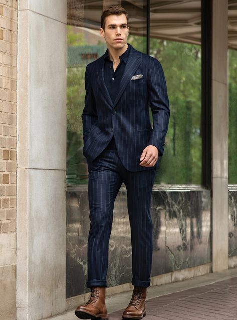 Style meets comfort in this chic ensemble featuring a navy suit paired with a matching polo t-shirt, elegantly finished with brown dress boots. Ideal for transitioning from office to evening. College Outfits Shorts, College Outfits Indian, Brown Dress Boots, College Outfits Men, Navy Pinstripe Suit, College Outfits Casual, College Outfits Comfy, Fall College Outfits, Navy Polo Shirt