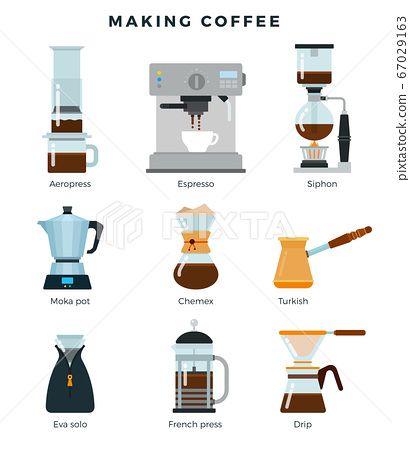 Equipment for various ways to brew coffee, detailed flat icon set. Different coffee making methods. Vector illustration. Different Coffee, Different Coffees, Making Coffee, Coffee Making, Flat Icons Set, Coffee Equipment, Brewing Equipment, Brew Coffee, How To Make Coffee