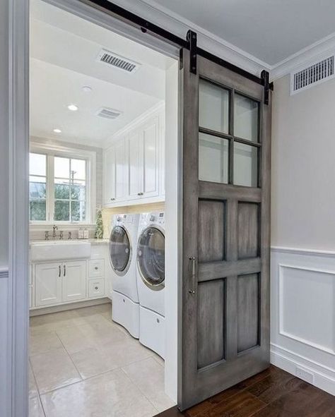 Barn door on my laundry room Apartments Ideas, Farmhouse Laundry Room Ideas, Modern Farmhouse Laundry Room, Landry Room, Metal Farmhouse, Flip Ideas, House Flip, Tiny Laundry Rooms, Interior Design Minimalist