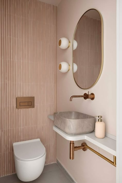 Pink And Green Downstairs Toilet, Bathroom En Suite Ideas, Cool Toilet Design, Pink Cloakroom Toilet, Mini Powder Room, Small Water Closet Ideas Toilet Room, Pink Downstairs Toilet, Pastel Toilet, Peach Toilet