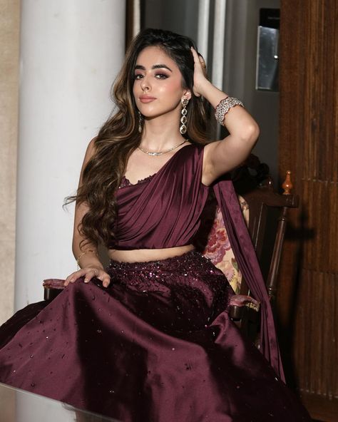 A sight to behold: @saieshagogia10 in our draped wine lehenga set. DM us for outfit details. Wine Lehenga, Outfit Details, Lehenga, Wine, Quick Saves, Instagram