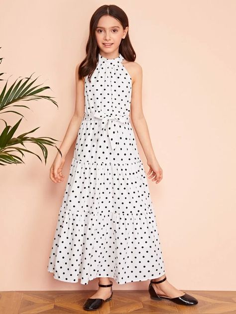 Girls Keyhole Back Dot Print Belted Tiered Halter Dress | SHEIN USA Aesthetic White Dress, Frock Designs For Girl, Teen Dress, Frock Patterns, Girl Dress Patterns, Kids Fashion Dress, Kids Frocks