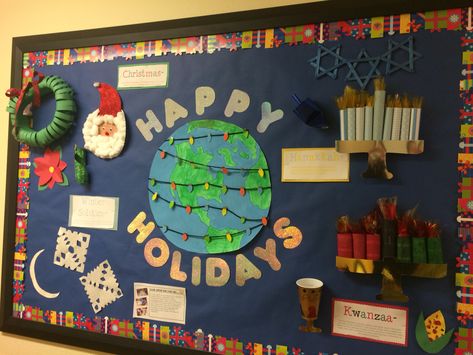 Holiday Customs Bulletin Board Around The World Bulletin Board, December Bulletin Board Ideas, December Holidays Around The World, Christmas Library Display, Bulletin Board Christmas, World Bulletin Board, Christmas Library, December Bulletin Boards, Library Christmas