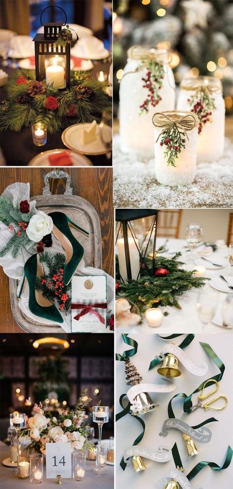 Wedding On Christmas, Christmas Rustic Wedding Ideas, Rehearsal Dinner Christmas Theme, Christmas Wedding Unity Ideas, Woodland Christmas Wedding, Christmas Table Decorations Wedding, Christmas Wedding Table Decorations Centerpieces, Christmas Wedding Reception Decorations, Boho Christmas Wedding Decor