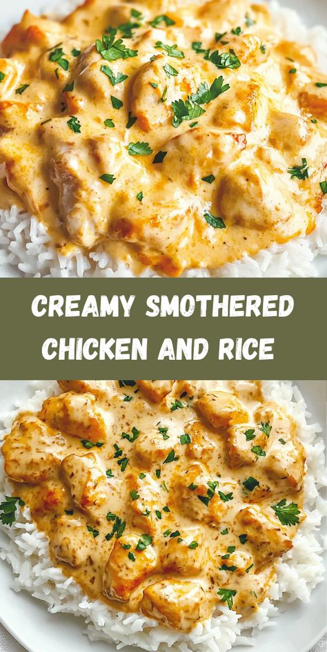 Indulge in this creamy smothered chicken and rice recipe, the perfect comfort food for any night! A delicious one-pan meal that's rich, satisfying, and easy to make. Try this cozy dish today! Easy Chicken N Rice Recipes, Chicken Dinner Ideas With Rice, Mushroom Chicken Over Rice, Chicken Bacon Rice Recipes, Rice To Go With Chicken, Chicken And Rice Cream Of Chicken, Creamy Chicken Over Rice Recipes, Chicken Tenderloins And Rice Recipes, Alfredo Rice Recipes