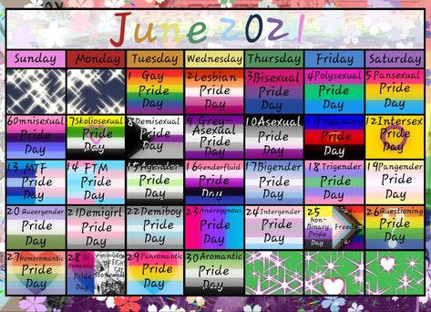 Pride Month Calendar, Pansexual Pride Day, Pride Flag Colors, Asexual Pride, Pride Day, Pansexual Pride, Month Calendar, Sunday Monday Tuesday, Lgbt Love