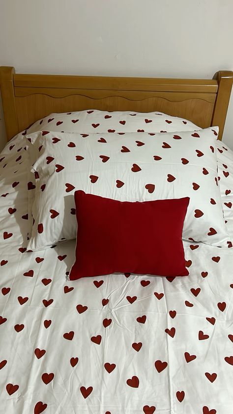 Ikea Heart Bedsheets, Heart Bedsheets, Ikea Bed Sheets, Red Bedsheets, Cute Bedding Aesthetic, Heart Room Decor, Ikea Sheets, Bedding Aesthetic, Ikea Inspired Bedroom