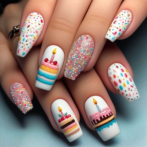 Nail Birthday Cake, Candy Theme Nails Art Designs, Birthday Candle Nail Art, Birthday Cake Nail Art, Birthday Candle Nails, Birthday Cake Nails Design, Funfetti Nails, Sprinkles Nails, Happy Birthday Nails