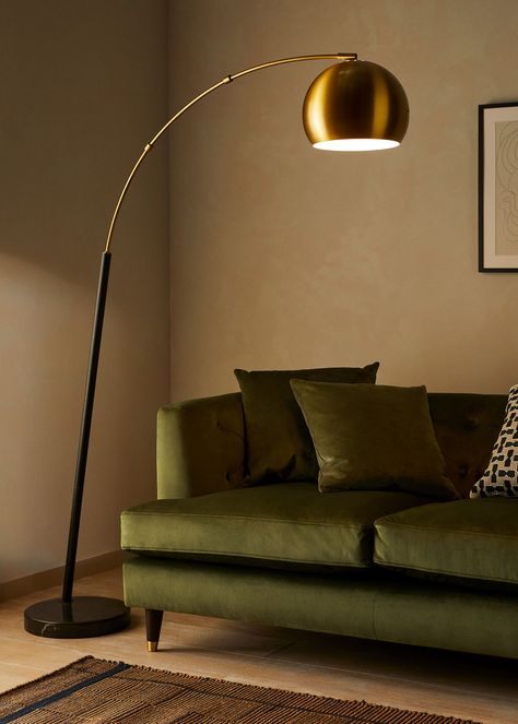 Designed with a slim, arched arm and a dome-shaped metal shade that can be adjusted in multiple directions, our Hector floor lamp is a striking choice for overhead lighting. The thick marble base provides a sturdy and stable foundation that's ideal for placing behind your sofa or armchair so you have a functional reading light. Over Arching Floor Lamp, Scandinavian Floor Lamp Living Room, Arching Floor Lamps, Pendant Floor Lamp, Dome Floor Lamp, Over Couch Lamp, Floor Lamp For Reading, Arch Lamps Over Couch, Arched Floor Lamps