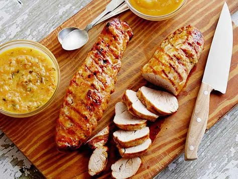 Get Grilled Pork Tenderloin a la Rodriguez with Guava Glaze and Orange-Habanero Mojo Recipe from Food Network Grilled Pork Tenderloin Recipes, Menu Food, Grilled Pork Tenderloin, Food Network Canada, Summer Menu, Tenderloin Recipes, Bobby Flay, Healthy Summer Recipes, Pork Tenderloin Recipes