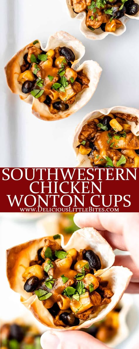 Southwestern Chicken Wonton Cups are a fun, easy-to-make appetizer or snack. They are made with chicken, corn, black beans and spices to create a very flavorful, enjoyable experience and are perfect for entertaining, as well. | #wontoncups #wontons #chicken #southwestern #appetizers Chicken Corn Black Beans, Wonton Wrapper Recipes Appetizers, Chicken Wonton Cups, Wonton Cups Appetizers, Chicken Wonton Tacos, Wonton Appetizers, Wonton Wrapper Recipes, Wonton Tacos, Southwestern Chicken