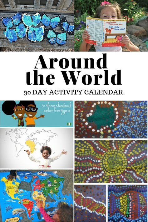 Download your free activity calendar with 30 activities from around the world to get kids learning about world cultures and geography! Montessori Around The World Activities, Around The World Summer Camp Ideas, Around The World Crafts For Preschoolers, Multi Cultural Activities For Kids, Family Culture Project, North America Activities For Kids, Around The World Activities For Kids, New Years Around The World, Read Around The World