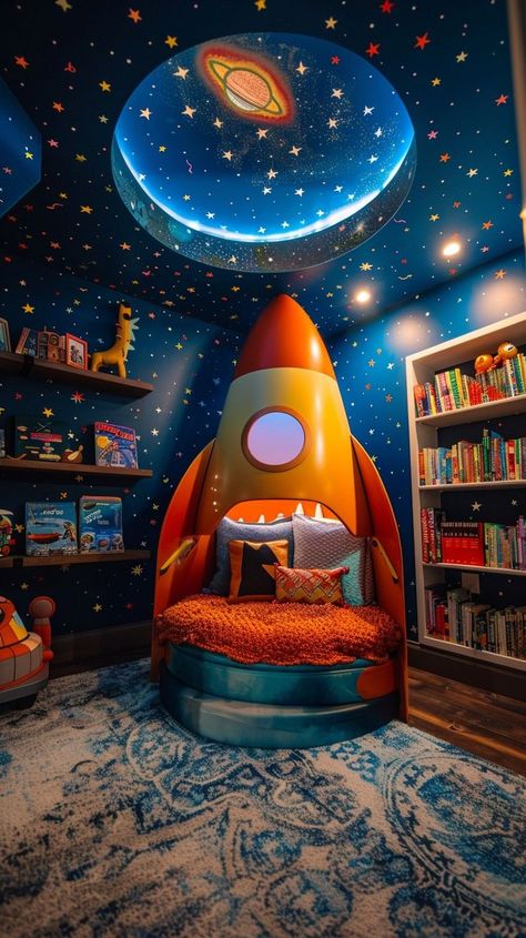 Vibrant cosmic bedroom decor with rocket-shaped bed, starry ceiling, and space-themed toys for young space enthusiasts. Cosmic Bedroom, Space Themed Bedroom, Child Bedroom, Star Ceiling, Twinkle Star, Space Theme, Kids Room Design, Bedroom Themes, Child's Room