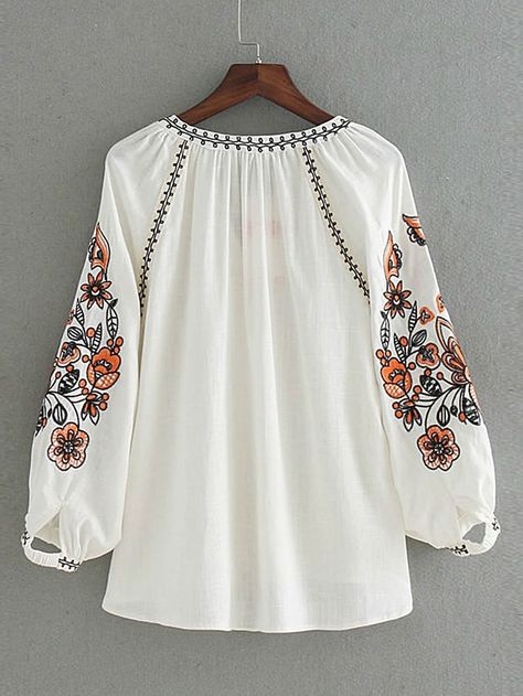 Embroidery In Blouse, Estilo Hippie, Trendy Fashion Tops, Embroidered Clothes, Women Blouses, Tie Blouse, Kurta Designs, Flower Embroidery, Embroidery Dress