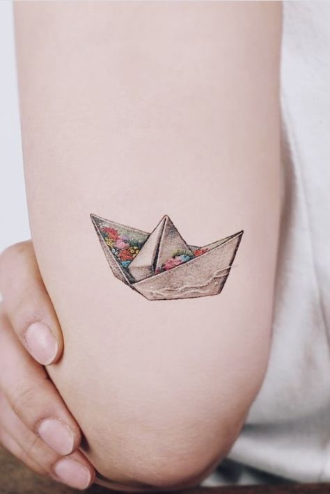 Fluffy Tattoo, Paper Boat Tattoo, Boat Tattoo, Origami Tattoo, Bottle Tattoo, Origami Boat, Coffee Tattoos, Tattoo Paper, Tattoo Bracelet