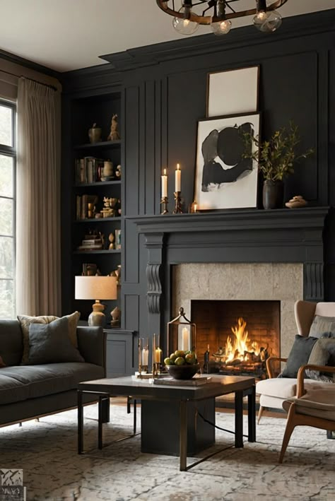 9 Tips To Make a Small Room Feel Bigger - Marissa Cal Home Home Snug Room Ideas, Black Fireplace Styling, Fireplace Paneling Wall Living Room, Dark Wall With Fireplace, Diy Living Room Built Ins With Tv Fireplace, Moody Living Room Fireplace, Narrow Living Room Decor Ideas, Parlor Room Ideas Victorian Interiors, Monochromatic Fireplace