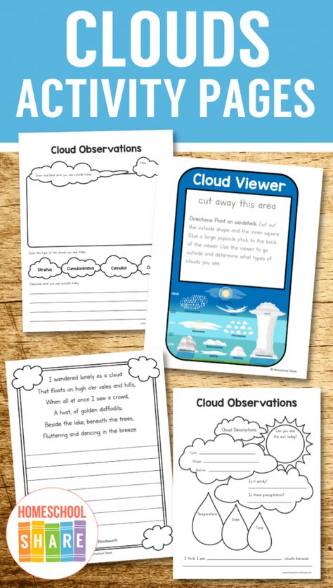 Free Printable Cloud Worksheets - Homeschool Share Cloud Activities, Weather Activities For Kids, Weather Worksheets, Weather Words, Weather Unit, Homeschool Freebies, New Vocabulary Words, Science Worksheets, Free Preschool