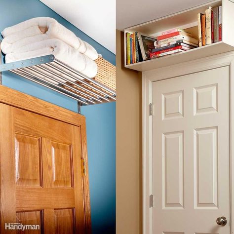 Above-the-Door Shelves - The space above a doorway is an overlooked storage bonanza! It's the perfect spot for a cookbook cubby in the kitchen or a towel shelf in the bathroom. Consider adding a shelf or cubby over the doorways in your home office, laundry room and bedrooms too. Bathroom Towel Storage Ideas, Small Space Hacks, Small Bedroom Organization, Bathroom Towel Storage, Small Bedroom Storage, Door Shelves, Tiny Bedroom, Home Upgrades, Ikea Hacks