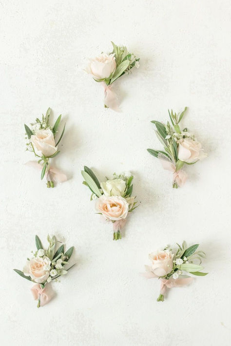 Blush, cream and sage boutonnieres Blush Pink And Moss Green Wedding, Sage Blush Bouquet, Blush Pink And Sage Green Wedding Flowers, Blush And Sage Wedding Flowers, Blush Ivory Sage Green Wedding, Blush Pink And Sage Green Wedding Cake, Wedding Flowers Pink And Green, Pink Green Wedding Flowers, Sage Boutonniere