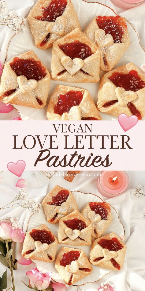 Make these adorable Vegan Love Letter Pastries for your someone special this Valentines day. These mini hand pies are folded like an envelope, with a homemade buttery pastry, filled with delicious strawberry jam, and sealed with a heart. They’re fun, easy to make and sure to impress! Baked Goods Valentines Day, Valentine Puff Pastry Ideas, Easy Valentines Recipes Desserts, Envelope Pastry Recipe, Puff Pastry Envelopes, Valentine’s Day Puff Pastry, Valentine Puff Pastry Dessert, Cute Valentines Snacks, Strawberry Love Notes