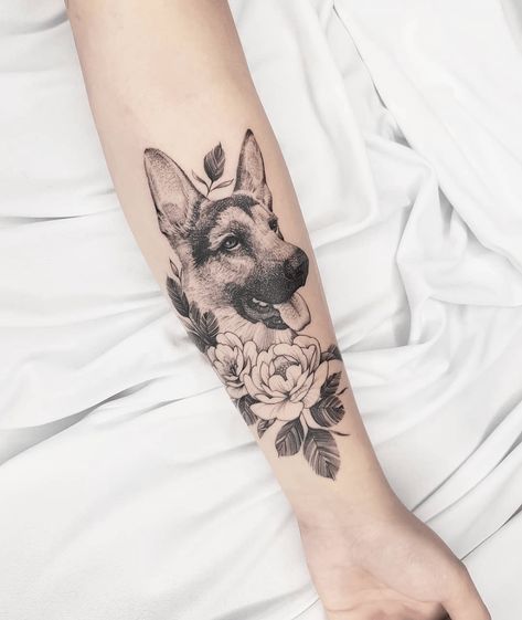 Filter Tattoo, German Shepherd Tattoo, Pet Tattoo Ideas, Shepherd Tattoo, Dog Portrait Tattoo, Pet Tattoos, Ink Photography, Tattoos For Dog Lovers, Colorful Hairstyles