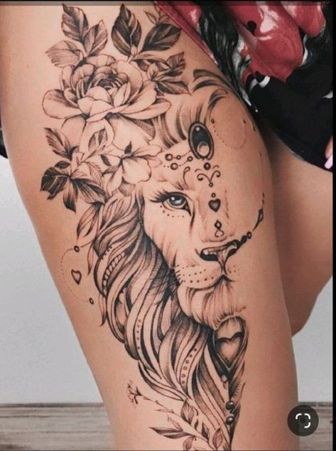 Discover the world of lion tattoos in our article. From deep symbolism and rich history to placement options and best designs. Leg Flower Tattoo Thigh Piece, Upper Leg Tattoos Women, Lion Tattoo On Thigh, Earthy Tattoos, Leo Tattoo, Mandala Hand Tattoos, Floral Thigh Tattoos, Hip Thigh Tattoos, Lion Tattoos