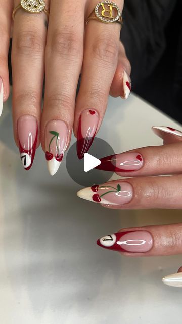 Red Cherry 8 Ball Nails, Stiletto Nail Ideas, Almond Nails With Cherries, Cherry Design Acrylic Nails, Eight Ball Nails, Almond Nails Cherry Design, Nails With Cherries Art Designs, Cute Red Nails, Cherry Nail Art