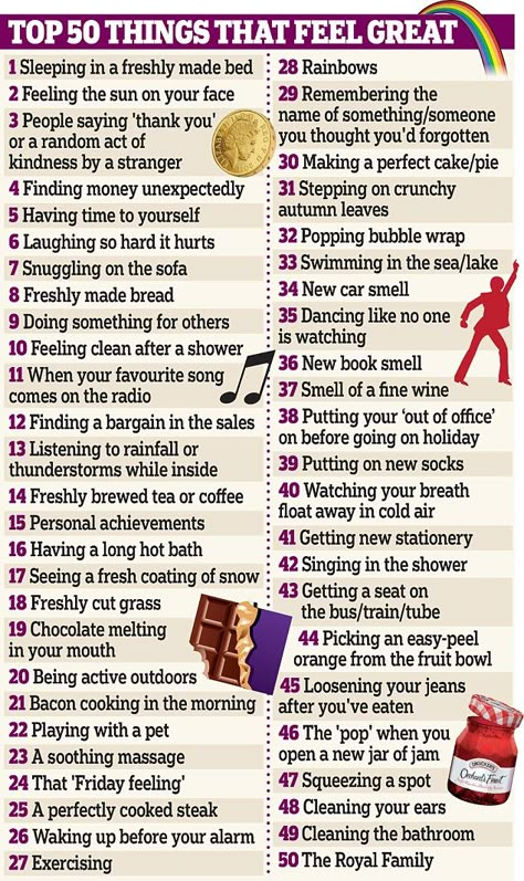 The real secret of happiness is... clean sheets! Two-thirds of respondents say a fresh bed is one of their favourite feelings in a list of top 50 things that feel great  | Daily Mail Online Feelings List, Happy List, Personal Growth Motivation, Random Act, Remember The Name, Self Care Activities, Random Acts Of Kindness, Laughing So Hard, Self Improvement Tips