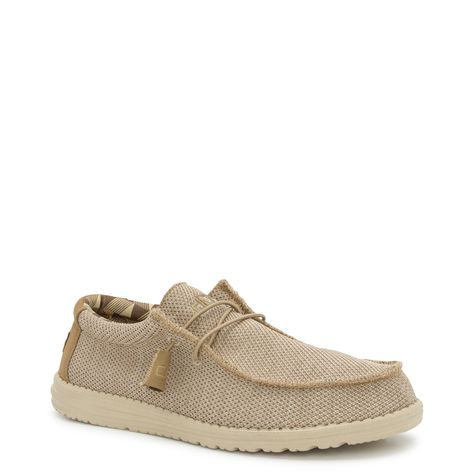 Impressive style and foot-hugging comfort can make you easily opt these men's Hey Dude Wally Sox beige casual moccasins. Crafted with textile upper, these casual slip-ons have a round moc toe with an elastic lacing easy-on system. Features include a removable foam insole and a flexible lightweight outsole. | Hey Dude Men's Wally Sox Moc Toe Slip-On in Beige Size 9 Medium Hey Dude Shoes, Hey Dudes, Converse Style, Adidas Fashion, Shoe Company, Hey Dude, Mens Lifestyle, Prom Shoes, Clarks Originals