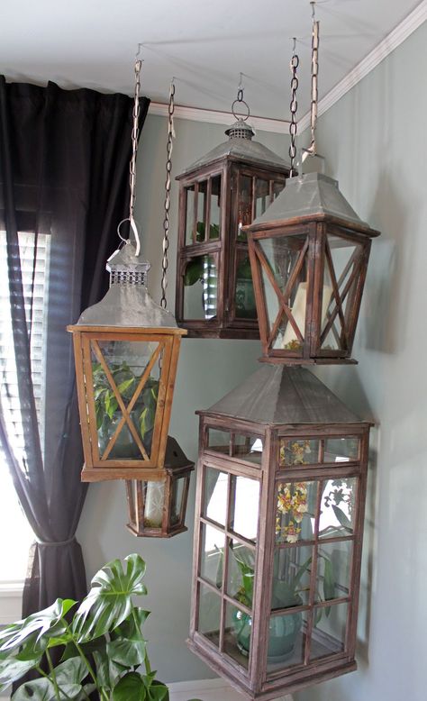 2015 Spring Bachmans Ideas House- Itsy Bits And Pieces Lantern Home Decor Ideas, Repurposed Lanterns, Hanging Lanterns Bedroom, Hanging Lanterns Living Room, Decorating With Lanterns Indoors, Indoor Lantern Decor Ideas, Lantern Decor Living, Deco Champetre, Lantern Ideas