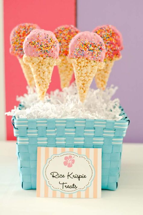 I created a Beach Barbie party for my daughter's 4th Birthday to capture her love and fascination for all things Barbie. Beach Barbie, Ice Cream Party Theme, Krispy Treats, Ice Cream Birthday Party, Ice Cream Theme, Rice Krispy, Ice Cream Social, Ice Cream Birthday, Ice Cream Cones