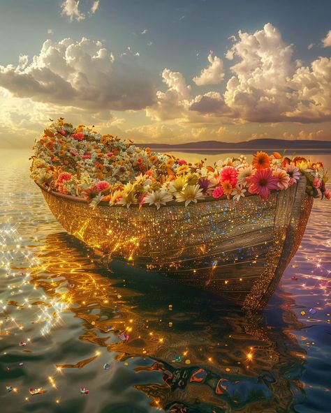 🌟🌟🌟 bling boat . . . #art #midjourney #boat #lake #nature #bling #beautiful Boat With Flowers, Summer Widgets, Boat Aesthetic, Golden Fashion, Boat Lake, Dream Scape, Wallpaper Video, Girly Acrylic, Iphone Wallpaper Video