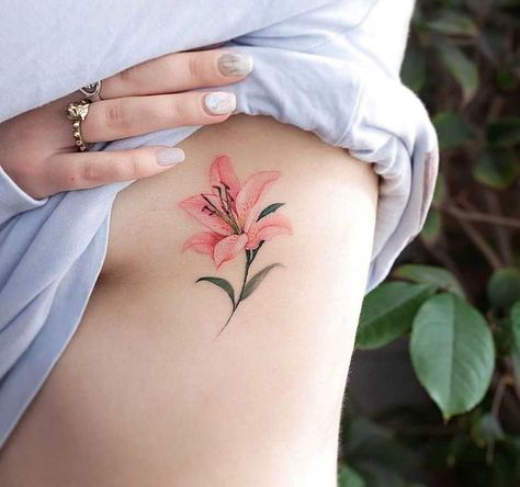 Lily Tattoos For Women, Lily Flower Tattoo, Lilly Flower Tattoo, Floral Design Ideas, Lily Tattoo Meaning, Thigh Piece Tattoos, Lily Tattoos, Flower Tattoo On Ribs, Pink Lily Flower