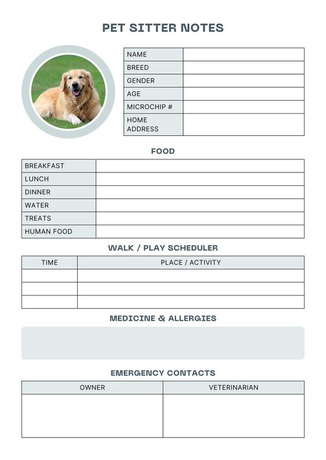 Pet Sitter Instructions, Pet Care Instructions, Stationery List, Pet Sitting Business, Pet Sitting Services, Medication Tracker, Blue Minimalist, Emergency Contact, Handwritten Notes