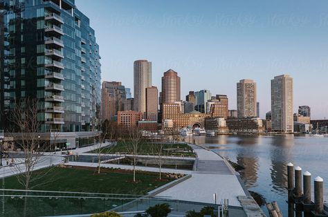 Downtown Harborwalk Boston Financial District at Dawn  Boston Massachusetts  #bostonTravelphotography #bostonphotography #downtownbostonphotography #bostonmassachusettsphotography #bostonpictures #bostonphotographyideas #bostonphotographyspring #bostonnightphotography #bostonskylinephotography  #seaportdistrictboston #wanderlustboston #fallbostonphotography #summerbostonphotography #travel #americancity #massachusetts #newenglandtravel #massachusettstravel #stocksy #stocksyunited Boston Suburbs, Boston City Aesthetic Night, Boston Athenaeum, Boston Massachusetts Travel, Boston Massachusetts Photography, Boston Scenery, Boston Pictures, Commonwealth Avenue Boston, Boston Photography