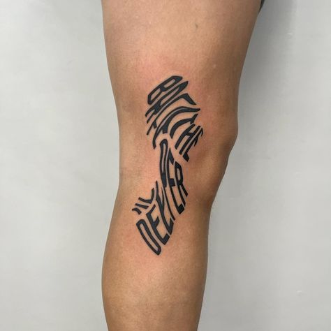 Tattoo Over Knee Scar, Above Knee Lettering Tattoo, Knee Lettering Tattoo, Script Knee Tattoo, Knee Scrape Tattoo, Knee Word Tattoo, Cornetto Trilogy Tattoo, King Tattoos, Forearm Tattoo Women