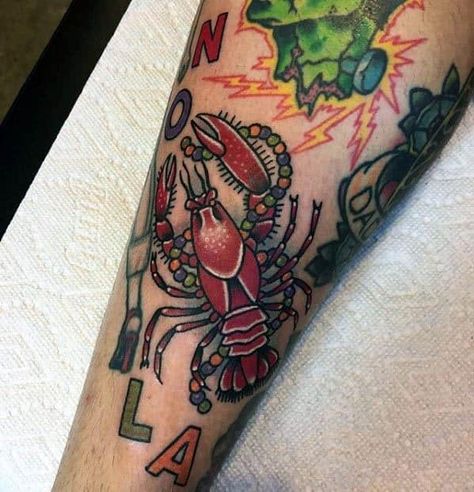 Cool Male Forearm Red Crawfish Tattoo Designs Crawfish Tattoo, Louisiana Tattoo, New Orleans Tattoo, Louisiana Culture, Traditional Style Tattoo, Louisiana Art, Tattoo Designs For Men, Fairy Tattoo, Foot Tattoo