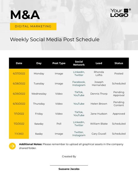 Sleek Social Media Post Schedule Template  Visme Post Schedule, Tuesday Images, Social Media Posting, Posting Schedule, Monday Images, Friday Video, Sunday Images, Social Media Posting Schedule, Instagram Schedule