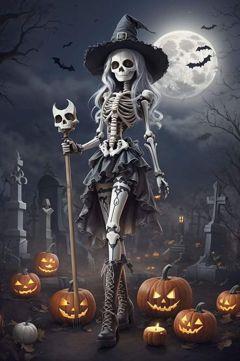 Kawaii Skeleton, Helloween Wallpaper, Halloween Artwork, Skull Artwork, Halloween Wallpaper Iphone, Halloween Images, Witch Art, Halloween Backgrounds, Arte Fantasy