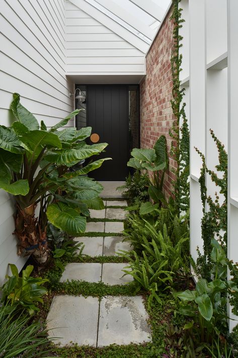 Photography by Anthony Basheer Narrow Landscape, Jungle Cabin, Studio Architecture Design, Weatherboard House, Narrow Garden, Narrow Rooms, Studio Architecture, Studios Architecture, Landscape Elements