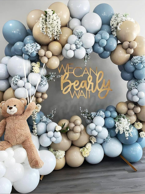 Cute bear baby shower decorations, balloon arch in beige and light blue tones Birthday Bear Theme, Cream Balloons, Teddy Bear Baby Shower Theme, Bear Baby Shower Cake, Baby Boy Balloons, Baby Shower Balloon Arch, Baby Boy Decorations, Baby Shower Garland, Peach Baby Shower