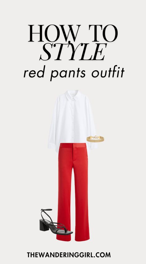 What To Wear With Red Pants: 13 Outfits Worth Wearing - The Wandering Girl Red White And Gray Outfits, Outfits With Red Pants Work, How To Style Red Pants Work, Red Jeans Outfit Winter, How To Wear Red Pants, What To Wear With Red Pants, Red Dress Pants Outfit, How To Style Red Pants, Red Pants Outfit Winter