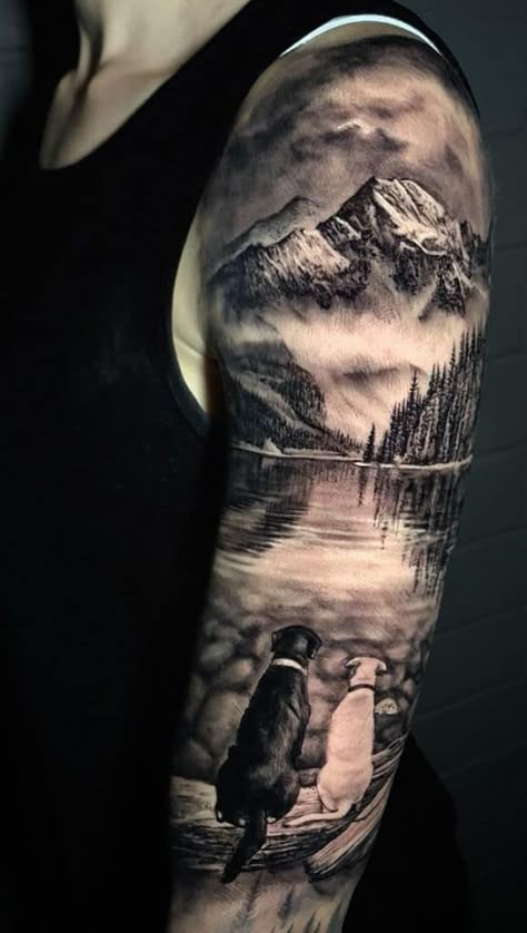 Mountain Sleeve Tattoo, Scenic Tattoo, Forest Tattoo Sleeve, Waterfall Tattoo, Natur Tattoo Arm, Wilderness Tattoo, Outdoor Tattoo, Scenery Tattoo, Tatoo Dog