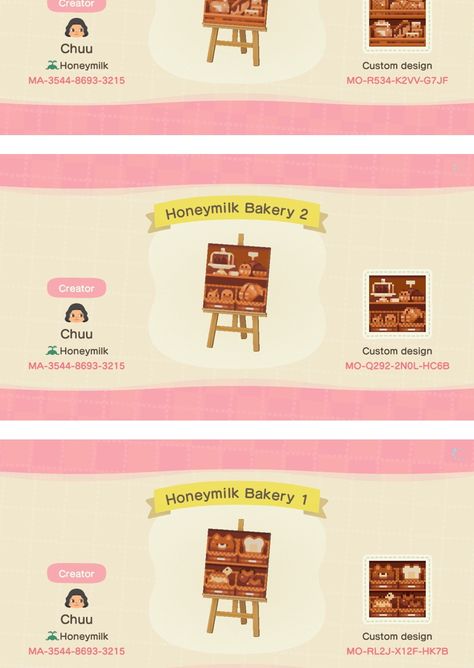 Acnh Coffee Shop Panel Designs, Acnh Bakery Design Codes, Bakery Acnh Code, Acnh Orange Juice Stand, Acnh Bread Stall, Acnh Produce Stall, Animal Crossing Vegetable Stall, Acnh Dunkin Donuts Design, Animal Crossing Cafe Codes