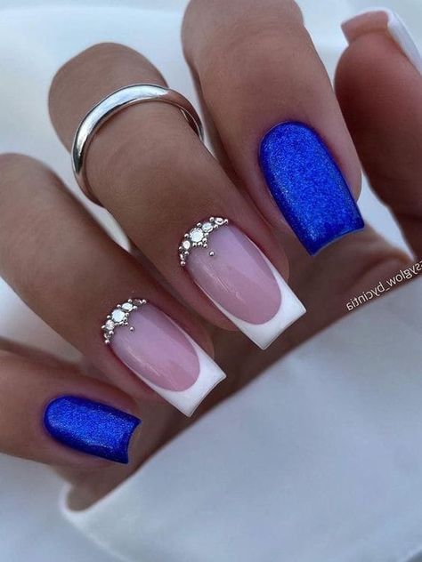 royal blue nails: white French tips Nails Royal Blue And Silver, Nails Royal Blue, Royal Blue Nails Designs, Blue Wedding Nails, Cobalt Blue Nails, Blue Prom Nails, Blue And Silver Nails, Blue And White Nails, Royal Blue Nails